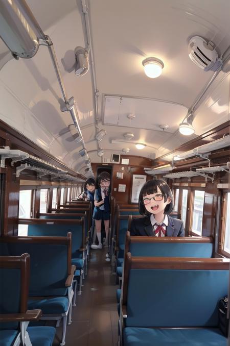 best quality, ultra-detailed, illustration,
oha35, train interior, scenery, seat, indoors, chair, window, ceiling, ceiling light,
multiple girls, school uniform, black hair, glasses, school bag, smile, laughing, looking at viewer, 
 <lora:JNR_oha35_SD15_V4_DIM4:1>