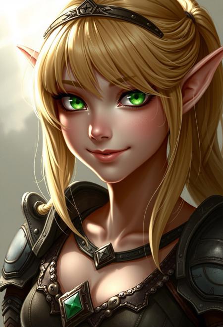 Elder Elf, green eyes, bright eyes, detailed eyes, lips, glossy detailed lips, golden hair, short hair, bangs, hair over one eye, long side bangs, ponytail, long ponytail, small breasts, round breasts, armor, underarmor, fantasy leather, rustic metal, looking at viewer, smile