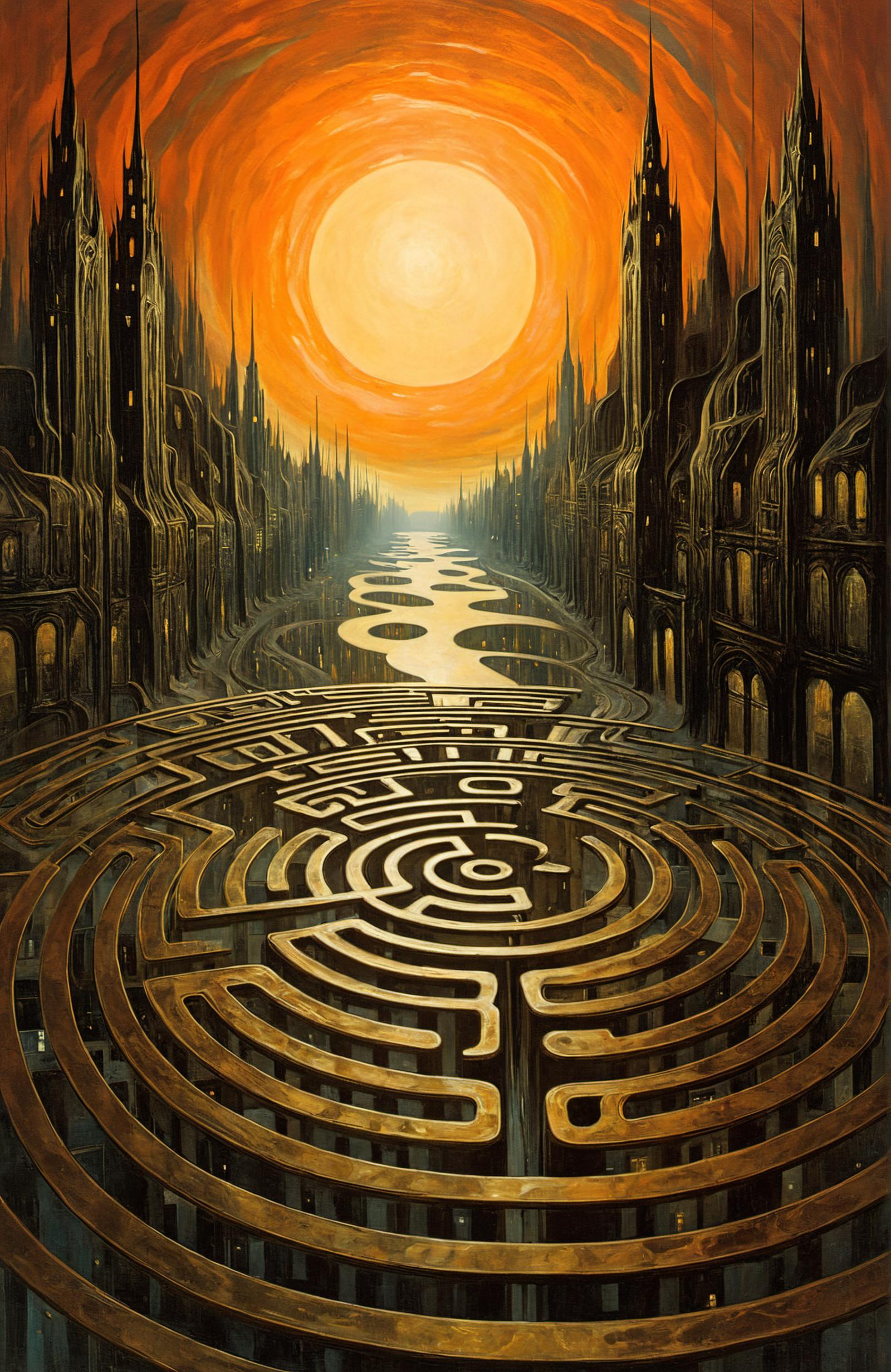 A Maze with a City and Moon in the Background