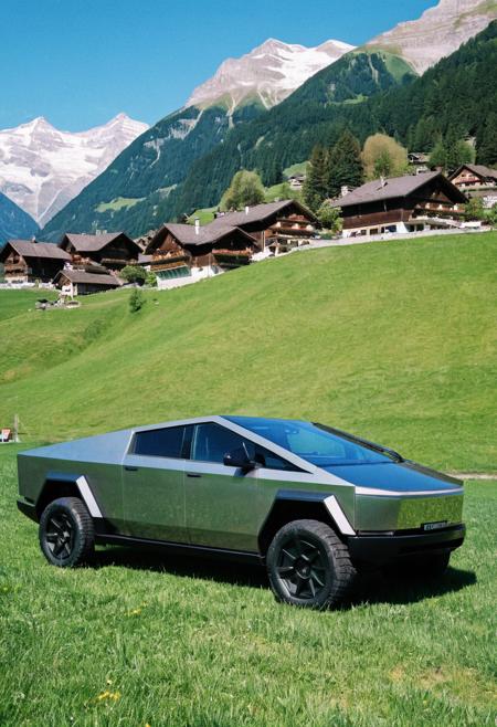 cybertruck gleaming, side front view, lawn, Swiss Alps mountain village in background, sunny spring afternoon, 4K, highly detailed, grainy analog 35mm film photo