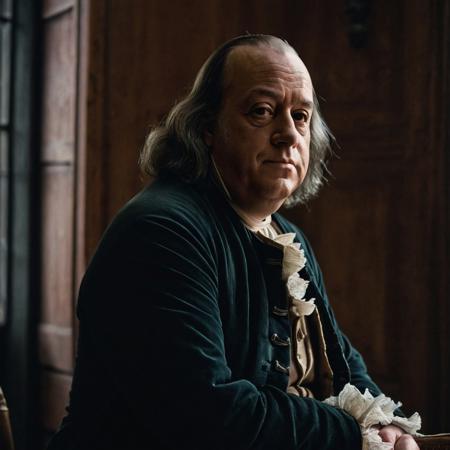 front shot, portrait photo of (( benjamin franklin)) , looks away, natural skin, skin moles, cozy interior, 17th century attire, (cinematic, film grain:1.1)