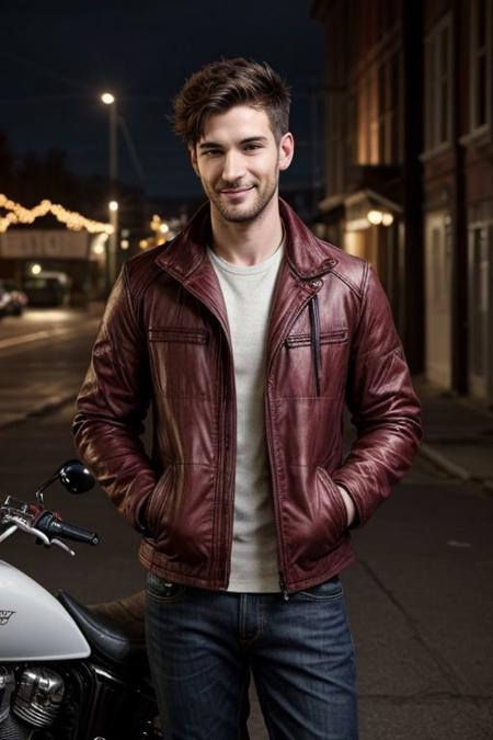 raw photo, (5 foot 10 inch 24yo skinny male:1.1), accessories, realistic skin texture, (red:0.8), warm lighting, cosy atmosphere, instagram style, onlyfans, looking at camera seductively, casual, candid, posing outdoors with motorcycle, authentic happy face, beautiful anatomy, 4k, beautiful face, sfw, beautiful hands and fingers, tailored clothing, dating profile picture, <lora:picxer_real:1>