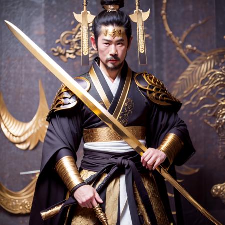 photo, man dressed in black and gold holding a sword (FantasyDaimyo style:1)  <lora:djzFantasyDaimyoV21:0.8>