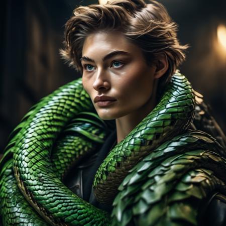 <lora:grace_elizabeth_xl_lora_13:1>grace elizabeth woman fashion photo, Realistic 8K portrait: A young tomboy,  blonde, short hair,  green eyes,  large snake wrapped around her neck,  angel wings; dramatic lighting, cinematic colors; hyper-above