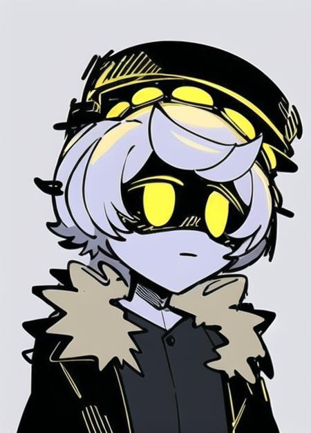 drawing, solo, robot, drawing, N, fluffy jacket, pilot hat, yellow eyes, simple background <lora:N_drone>