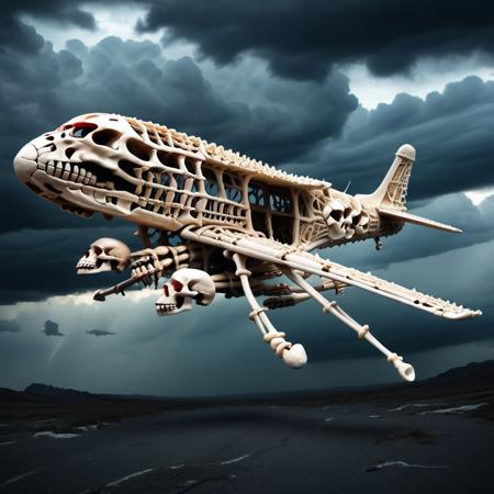 dynamic action shot, medium shot, (an aeroplane:1.4) constructed entirely of intricately woven bones, soaring through a dramatic, stormy sky, the cockpit shaped like a menacing (skull:1.4) with glowing red eyes, wings formed from massive ribcages and elongated phalanges, skeletal propellers spinning furiously, lightning illuminating the scene, casting stark shadows, volumetric lighting, motion blur, sense of speed, epic scale, intricate details, ultra sharp, exquisite detail, flawless composition, dark and moody color palette, masterpiece, detailed cloudscape <lora:Bones_World_Morph:1> boneswm, trypophobia