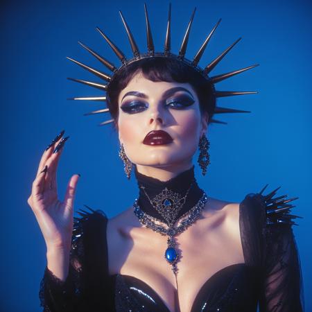 <lora:MysticVogue80sOccultPopSD1:1> Mystic Vogue 80s Occult Pop, The image is a portrait of a woman with dark hair and dramatic makeup. She is wearing a black dress with a high neckline and long sleeves. Her hair is styled in a dramatic updo with a large headpiece that is made up of spikes and spikes on top of her head. The woman's face is painted with dark red lipstick and her eyes are accentuated with a dramatic eye makeup look. She has a serious expression on her face and her hand is raised in a gesture of power. The background is a deep blue color giving the image a dramatic and edgy feel. The overall mood of the image is dark and mysterious., 1girl, solo, black hair, makeup, jewelry, earrings, crown, short hair, lipstick, hand up
