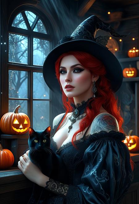 Ultra detailed digital art masterpiece, face portrait, mysterious dark Witch woman, a cute magical creature like a Witch standing in the Shack, realistic black rose, ultra detailed Witch's Mysterious Shack, in year 1880, victorian style, Halloween decorations including pumpkins, Witch's mysterious black cat on the windowsill, rose flower style, white marble, old dark solid wood, victorian decals, perfect lighting, elegant, Tom Bagshaw, Anne Bachelier, unreal engine 5 nanite quality, mixed with dark elements, dark environment, very dark night, clean dark velour witch clothing, dark washed out eyeliner, no make up, natural pale face, nose piercing, abstract, big shiny brown eyes, ultra detailed atmospheric details, beautiful glowing effects, sparkle effects, realistic body proportions, beautiful face proportions, complex masterpiece, wild red hair style, creative glowing detailed tattoos, complex physics, enhanced colors, complimentary colors, ultra detailed raytracing reflections, Ultra detailed complex background, environment feels alive, direct eye contact, dramatic lighting, wet and sweaty skin, beautiful firm Breasts, Concept art portrait by Greg Rutkowski