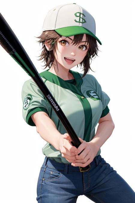 masterpiece, best quality, 1girl, solo, <lora:nonokamasaki-photokano-richy-v1:1> masaki nonoka, baseball uniform, baseball cap, :D, facing viewer, looking at viewer, pants