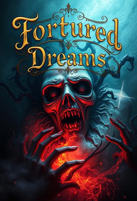A vivid digital art piece depicting the dreams of a schizophrenic, scary surreal image, written above the main focus of the image in elegant filigree and calligraphy lettering are the words "Tortured Dreams"
