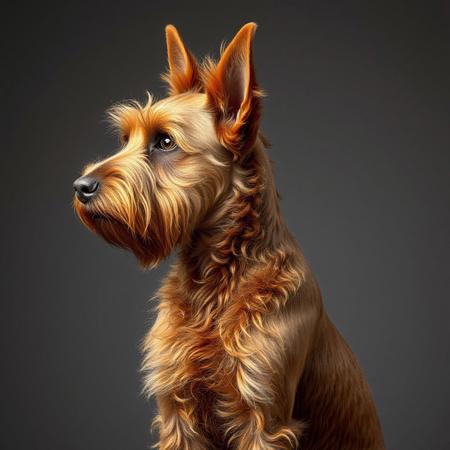 Create a realistic photograph of a dog, a mix between a Scottish Terrier and an American Cocker Spaniel. The ears and muzzle should resemble those of an American Cocker Spaniel, the coat should be coarse with a small beard, and the color should be red. The dog should be depicted standing, in profile