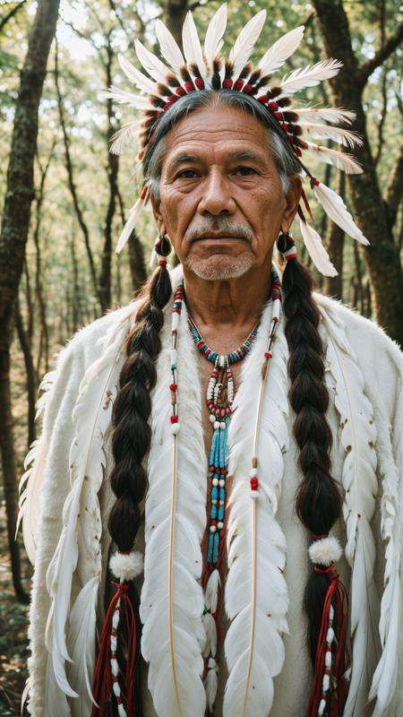 body facing viewer, close up face with skin pores and wrinkles, RAW photo, a portrait photo of 1 single 65 y.o native american cheif man half body. centered eyes on camera, facing camera, eyes perfect, native chief, large white feathers, white feathers, light blue and red beads, Indian tribe, deer skin clothes, light blue eyes, standing next to trees in the forest, natural skin, 8k uhd, high quality, film grain, Fujifilm XT3, natural color palette low saturation