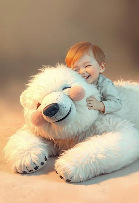 An amorphous, fluffy polar bear lying on the ground, looking relaxed and almost lifeless but with the beginning of a smile on its face, receiving a gentle kiss on the cheek from a small child. The child is smiling joyfully, with a soft, caring expression. The scene is serene and heartwarming, with soft, warm lighting and pastel colors that create a cozy and peaceful atmosphere. The polar bear’s fur is soft and slightly messy, almost as if it’s melting into the surroundings. The overall mood is calming, playful, and full of affection.
