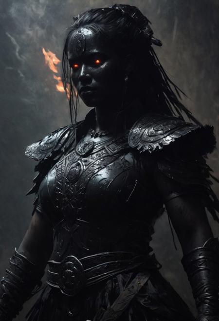 Close up portrait. A dark ghost female Silhouette. Capture the essence of the mystical Fire God's heroes, armed with a hammer. Tribal aesthetic. Glowing eyes. Glowing weapon. masterful painting in the style of Anders Zorn | Marco Mazzoni | Yuri Ivanovich, Todd McFarlane, oil on canvas