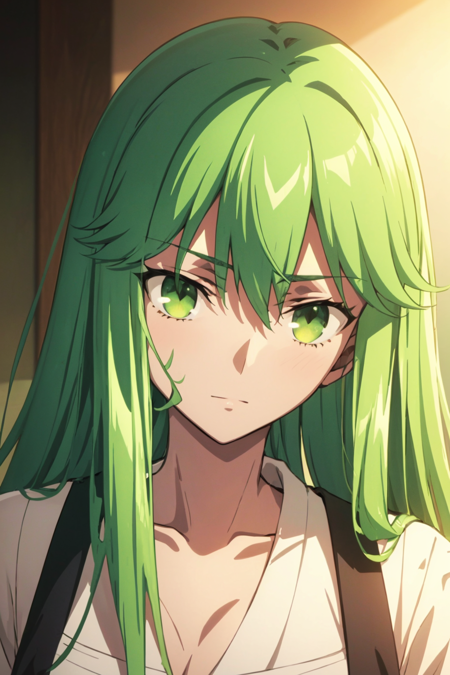 masterpiece, best quality, <lora:ufu:0.8>, anime screencap, anime coloring, face, green eyes, green hair, enkidu \(fate\),