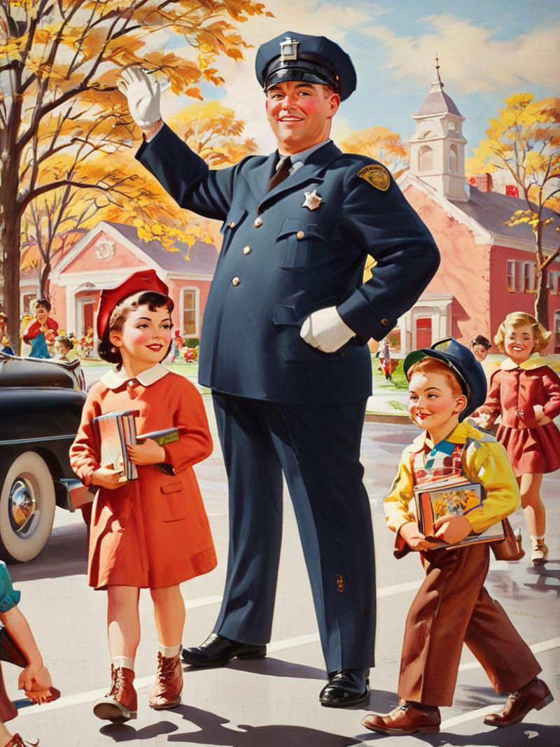 Police Officer Smiling and Waving at Children on the Sidewalk