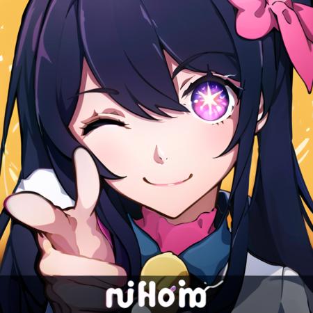 <lora:Honkai 3rd app icon:0.9>, honkai 3rd, looking at viewer, smile, simple background, closed mouth, one eye closed, pointing, yellow background, index finger raised, orange background, pointing at viewer, finger gun, <lora:aiHoshinoLycorisOshiNoKo_v25:0.7>, ai hoshino, long hair, blush, bangs, purple eyes, bow, parted lips, black hair, ahoge, hair bow, multiple pink bows, starry eyes