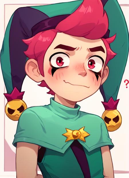  1boy, bschester , pink hair, short hair,  red eyes , jester cap,  green headwear  ,green jumpsuit,  capelet,