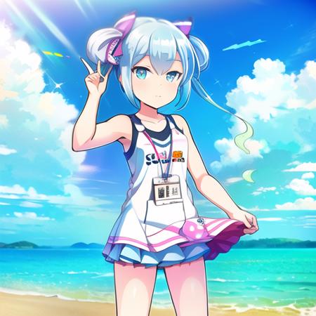 (masterpiece, best quality, 8k, ultra resolution, sfw, safe for work, :1.4), <lyco:GoodHands-beta2:1.0>,
 <lora:ongeki_arisu:1.2>, young girl, cute,  smile, 1girl,
swimsuit, beach