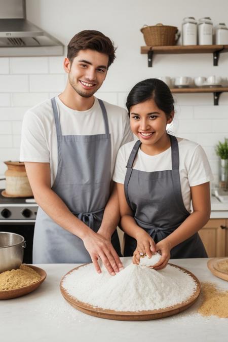 Cheerful young woman and man making flour, making, on a table. "Isolated on white background", "wide shot", apron, sri lankan, uncropped, looking at the cake, holding a cake