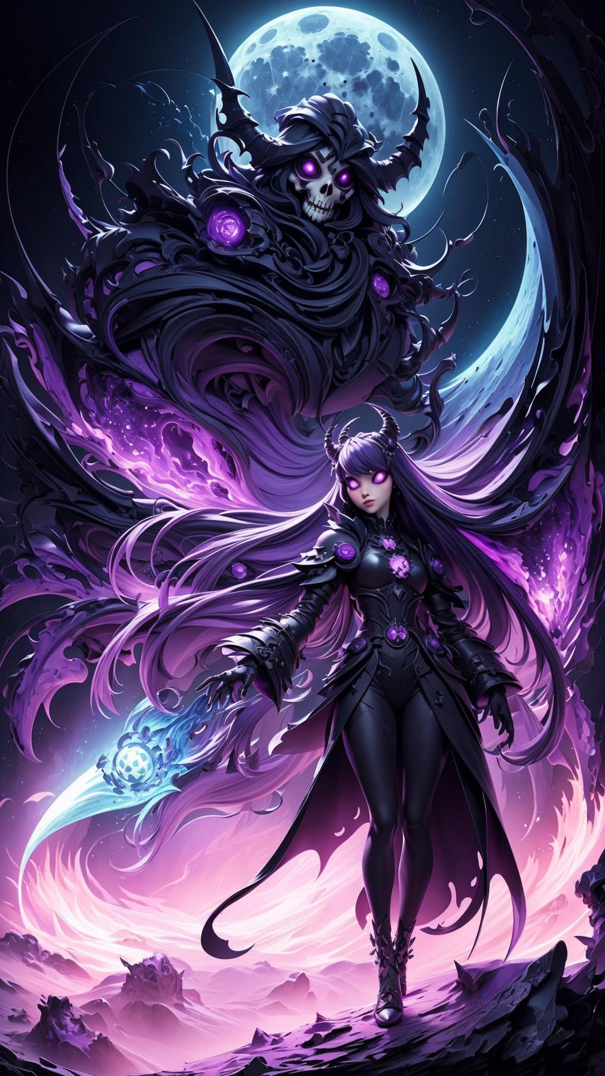 A woman in purple with long hair, holding a sword and standing in front of a moon.