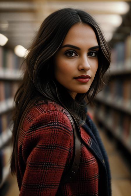 a professional photograph of beautiful (C4ryn41:1.1) woman,as a librarian,wearing a red plaid dress,standing in a (library at Oxford University:1.3),holding an leather bound Oxford dictionary,with students studying at (wooden desks:1.2),with (high arched ceiling:1.2),surrounded by rows of tall (bookshelves with ladders:1.3) in background,long hair,lipstick,makeup and eyeshadow,face focused,detailed eyes,(highly detailed),(HDR),(8k wallpaper),dim lighting,intricately detailed,low contrast,highres,absurdres,hyper realistic,taken with (Canon EOS 1Ds camera),extremely intricate,dramatic,(looking at viewer),4k textures,hyperdetailed,PA7_Portrait-MCU,<lora:C4ryn41_06B-000002:1.0>,