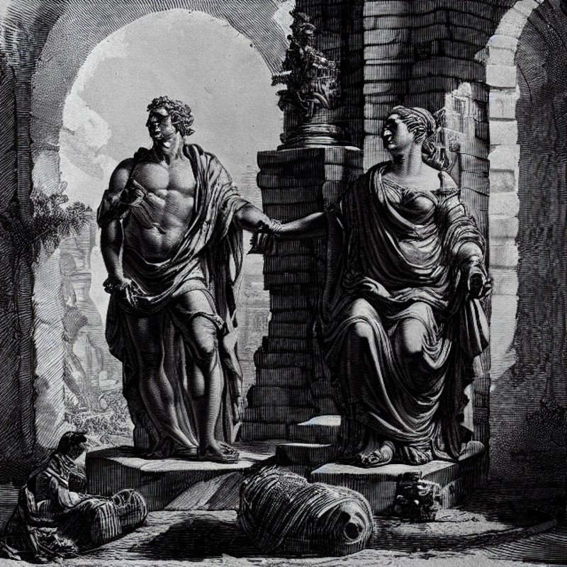 a black and white drawing of a statue of a man and princess woman and man in a place
