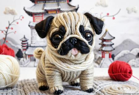 w00len, a hyper realistic macro close up picture of ((a pug puppy made out of wool and yarn, wearing a yarn outfit, chinatown yarn backdrop, yarn