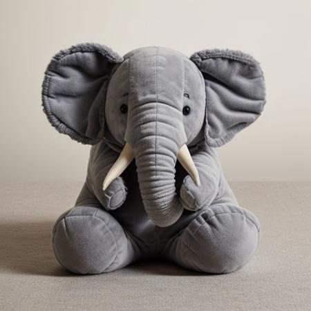 photorealistic, a picture of grey elephant plush in a crub
