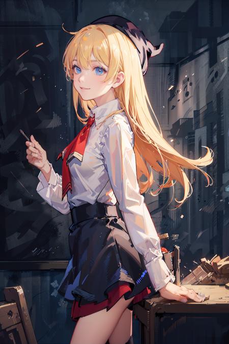 (detailed background), beautiful cg, best quality, (cinematic), witchpuyo, 1girl, white shirt, red skirt, red ascot, blue headwear, smile, standing, from side, chalkboard, kneehighs, cowboy shot <lora:witchpuyopuyov5:1>