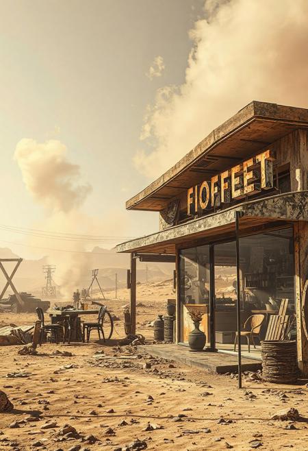 An exterior view of a futuristic, destroyed, lonely coffee shop, post apocalyptic barren planet, dry and dusty, parched surface, hot windy atmosphere, dust blowing, smoke, rising in the background, broken glass, decay