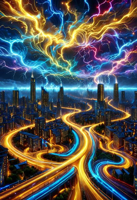 masterpiece, best quality, ultra detailed, long suspension bridge, glowing cables made of lightning, made of golden and blue and red and yellow and purple lightning thunder trails, lthndrtrl, night scene, clouds swirling above, flashes illuminating road, futuristic design, mysterious glow over city in distance
, Smooth_Quality