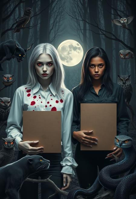 In a moonlit forest clearing, two young women in their early twenties stand in eerie contrast. One girl, with silver-white hair and a ghostly pale complexion, wears a white blouse stained with dark red splotches. A simple black five-pointed star adorns her chest, and her eyes glow with a faint but unsettling crimson light, adding an otherworldly calm to her presence.
The second girl contrasts sharply: she has jet-black hair and deep tan skin, her dark blouse also blood-stained but blending with the shadows. Her black star is barely visible, and her intense crimson eyes shine with a piercing alertness.
Encircling them are twelve wild animals, enhancing the surreal atmosphere. A black panther, almost invisible in the darkness, watches with glowing red eyes. Two owls, perched on shadowy branches, blink their crimson eyes slowly. A large snake, with shimmering blue-black scales, coils around a gnarled branch, its gaze menacing.
Both girls hold worn cardboard signs that read, ‘We Come in Peace,’ scrawled in crude black marker. The signs, stark against the night, create a jarring contrast. Moonlight casts long, shifting shadows on the forest floor, amplifying the haunting and surreal quality of the scene
