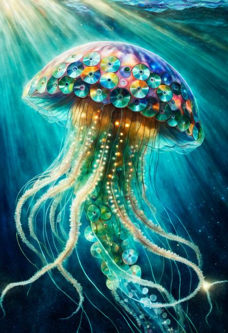 A deep-sea creature, like a jellyfish, made of cd's, shimmering and translucent, surrounded by abstract glowing bioluminescence, fantastical underwater art, conceptual illustration, vibrant watercolors
