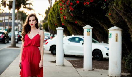 best quality, RAW, realistic, full body photo of a Lana del rey wearing a loose dress next to a post, red lips, pale skin, skin pores, full body, background is laguna beach in a dusk, cars, stores (high detailed skin:1.2), soft lighting, dslr, film grain, Fujifilm XT3