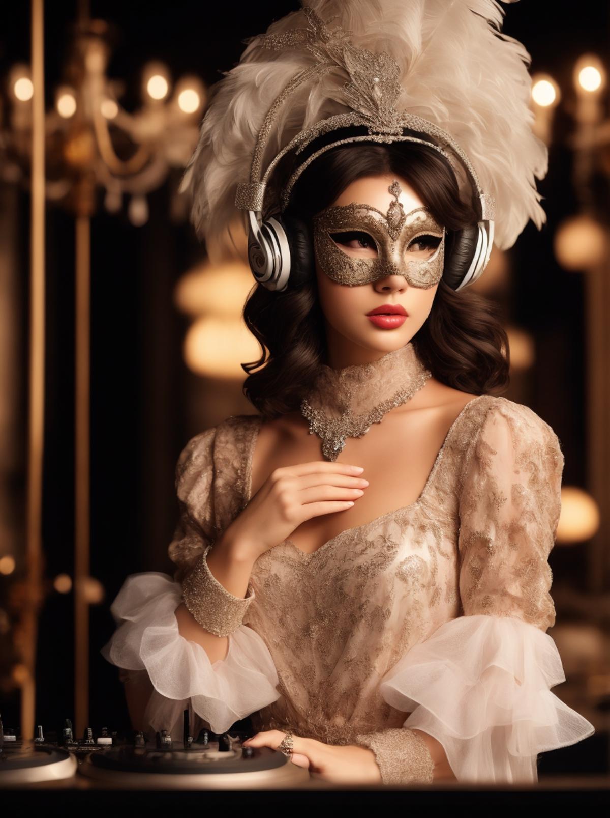 A woman wearing a mask and headphones with a lacy dress.