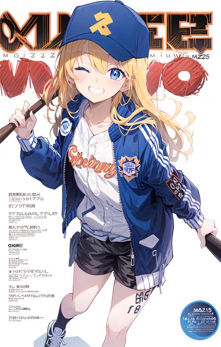 (magazine cover:1.4),1girl,solo,extremely detailed CG unity 8k wallpaper,illustration,lens 135mm,masterpiece, best quality,young girl,naughty face,aquagradient eyes,(white background:1.5),simple background,full body,(selfiemirror:1.2),arms up,Baseball cap,blonde_hair,Long hair,grin,One eye closed,letterman jacket,blue eyes,short shorts,flat_chest,(baggy clothes),baseball bat,masterpiece, best quality,, masterpiece, best quality,