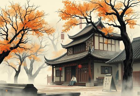 ((ancient china store)) surrounded by ((ancient chinese trees)), mid morning in the beginning of fall, chinese village, wuxia world, illust, fog, ink