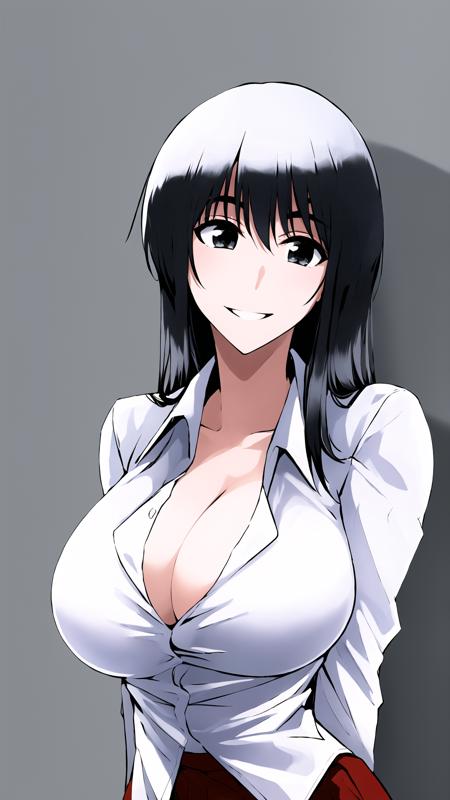 suou_mikoto, 1girl, solo, long hair, large breasts, black hair, black eyes, skirt, cleavage, white shirt