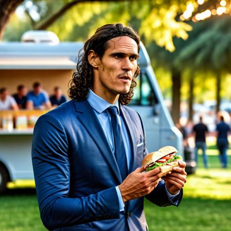 (cavani ultra realistic photo) of a man wearing a suit,
(eating a sandwich:1.3), (looking at the viewer:1.1), (standing), (next to a detailed food truck),
(in a park full of trees, with detailed people practicing sports, and kids playing), 
(soft natural lighting, shadows, high resolution, detailed textures), (4k, high resolution, detailed, sharp focus), sun is shining, (best quality), (detailed), (8k), (HDR), (cinematic lighting), (sharp focus), (intricate)