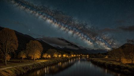 ((masterpiece:1.4,best quality)), cloud, outdoors, night, stars, moon
(mountains), spring glade, scenery, sky, winter, village, tree, river,
 high detail, abundant, 8k, high detail, wallpaper,