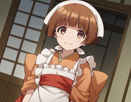 <lora:chitose-nakai--s1-ponyxl-lora-nochekaiser:1>, nakai chitose, short hair, brown hair, brown eyes, bangs, blunt bangs, japanese clothes, kimono, apron, head scarf,