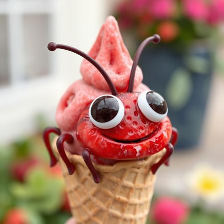 Colorful Strawberry icecream in a cone, the ice cream is shaped like A Little bug with big cute eyes made of strawberrypieces