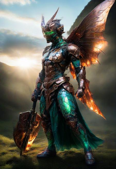 score_9, score_8_up, score_7_up, score_6_up, score_5_up, score_4_up, vibrant colors, easynegative, dramatic lighting, easynegative, Cyborg made of copper, cyborg Angel, copper wings green from oxidation, holding spear and shield, copper armor, chrome highlights, bright sun, blue sky, clouds,