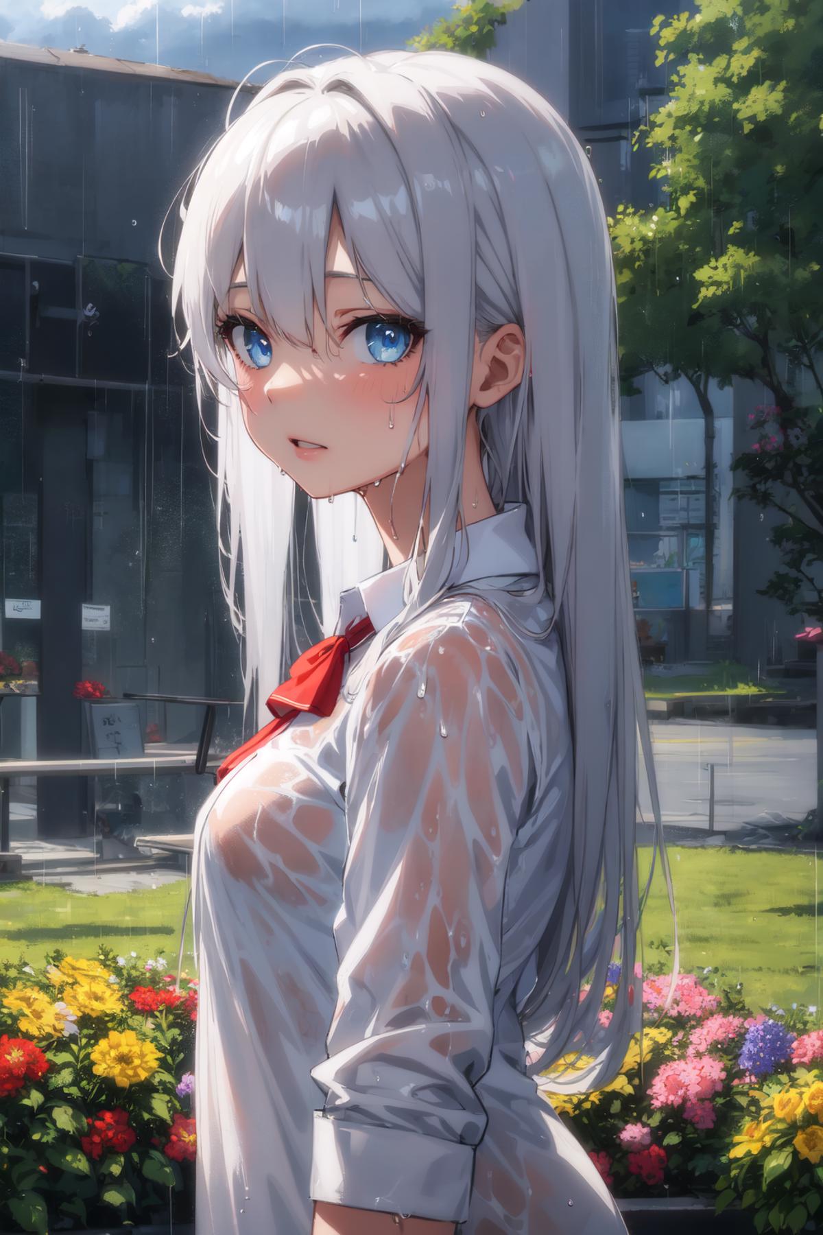 A girl with white hair and a red bow in her hair. She is wearing a white shirt and is standing outside with her hair wet.