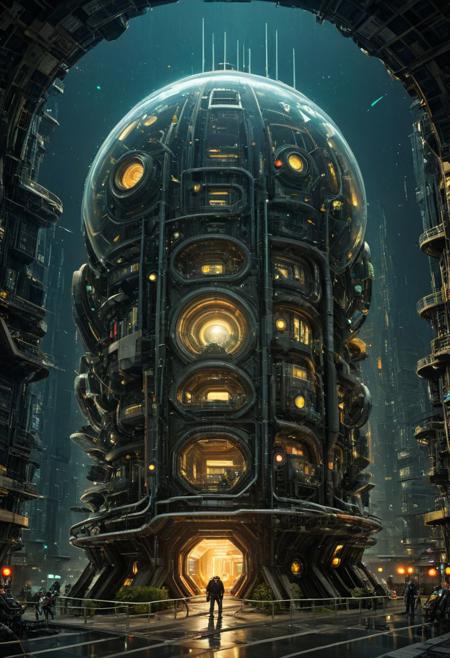hyper realistic photograph of  a (complex architectural science fiction structure:1.4) by Jeff Easley and Boris Vallejo, (dazzling , luminar , masterful:1.4), medium full shot, poster art, bold lines, hyper detailed, expressive,  award winning,  dark limited color palette, high contrast, depth of field, (intricate details, masterpiece, best quality:1.4),
directional lighting, looking at viewer, dynamic pose, wide angle view,
scifiurban, industrialbuilding