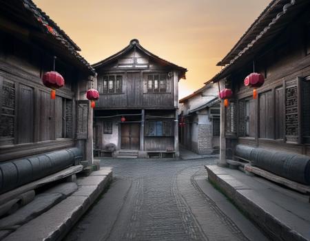 jiangnan, a cobblestone street with wooden buildings and lanterns on the roof of them at sunset or dawn in a chinese village, scenery, east asian architecture, architecture, outdoors, road, sky, umbrella <lora:jiangnan:1>