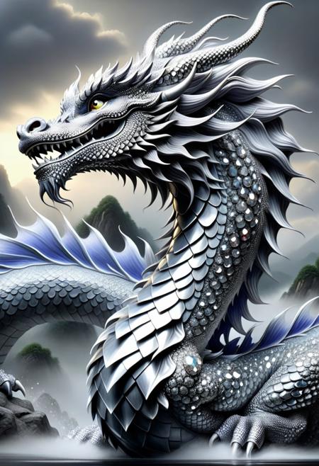 Ultra detailed.Ultrarealistic. sharp focus, dynamic lighting. play of light, reflection, refraction, Raytracing, chinese ink painting, super huge dragon, solo,  very detail, fantasy, clouds and mist, greyscale, Periwinkle mane, Legendary Gray scale made of diamond,diamondMW,countless diamonds,multi angled,full body view