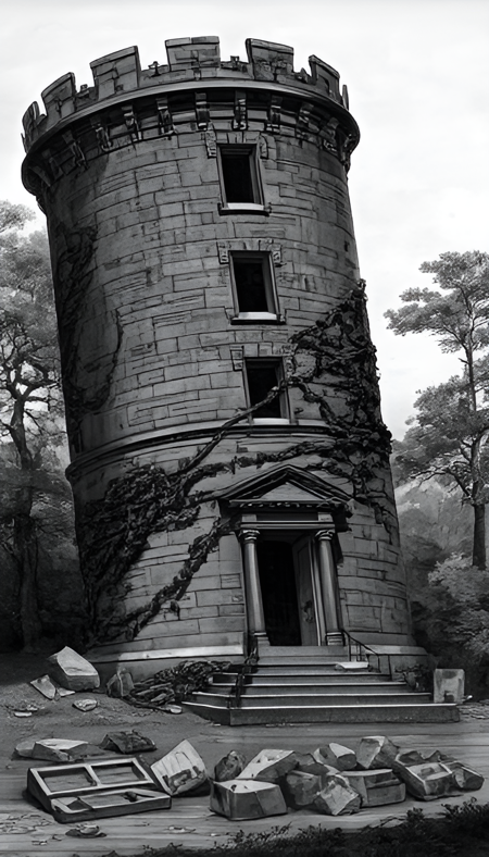 A leaning black triangular tower sinking into a swamp, with vines growing on it. Parts of its walls are broken and there is rubble scattered everywhere. Trees in the foreground and background.