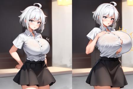 masterpiece, best quality,  1girl,ahoge, white hair, short hair, black eyes, white shirt, buttoned shirt, black skirt, short skirt, (breast expansion:1.2),  huge breasts, <lora:Breast_expansion-4:0.7>